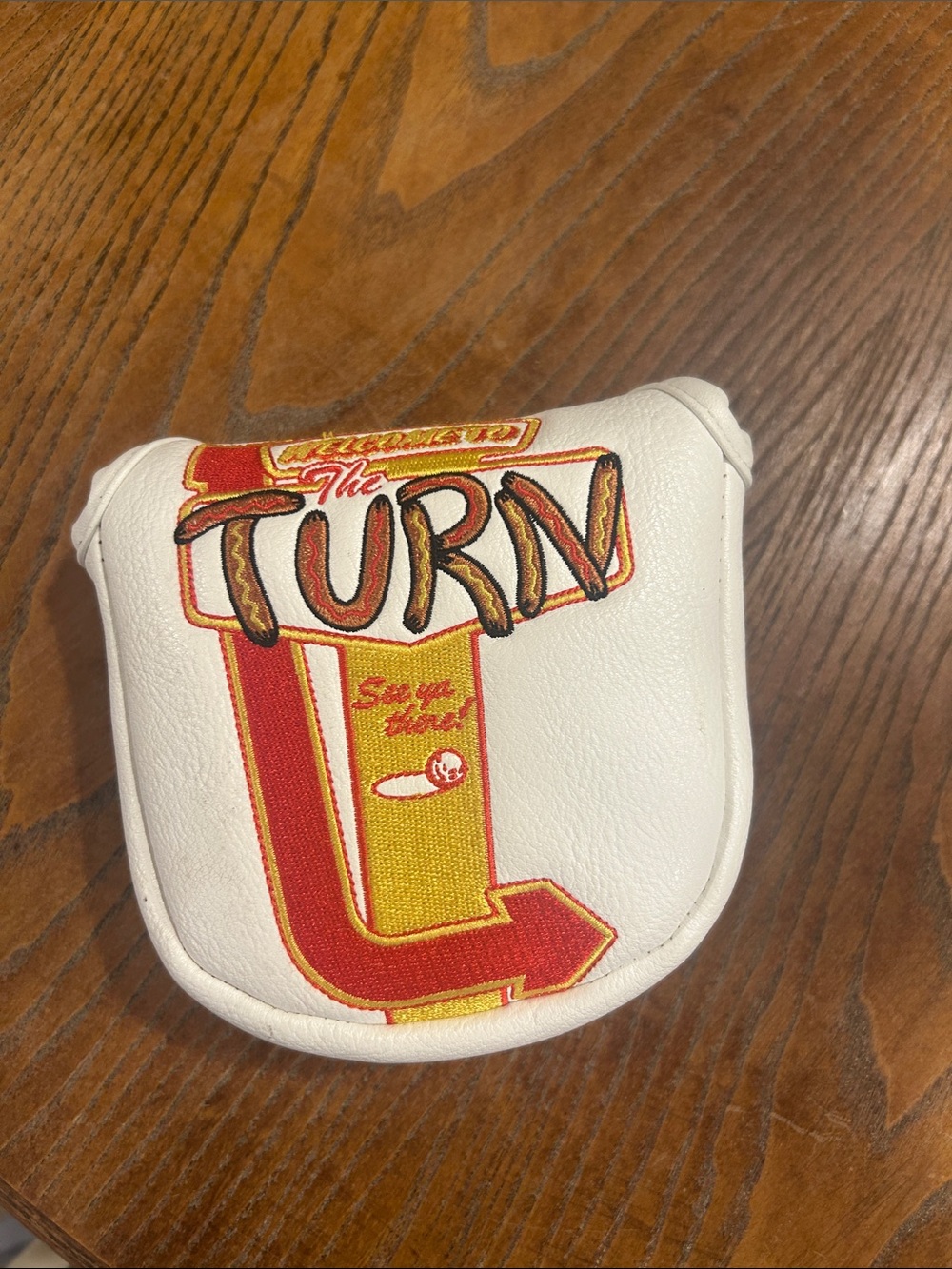 Barstool golf White Putter Headcover with 'The Turn' Patch
